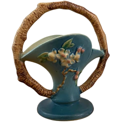 Roseville Vintage Blue Apple Blossom Basket Vase #309-8