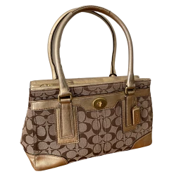 COACH Signature Zip Top Gold Metallic Trim Purse 11062